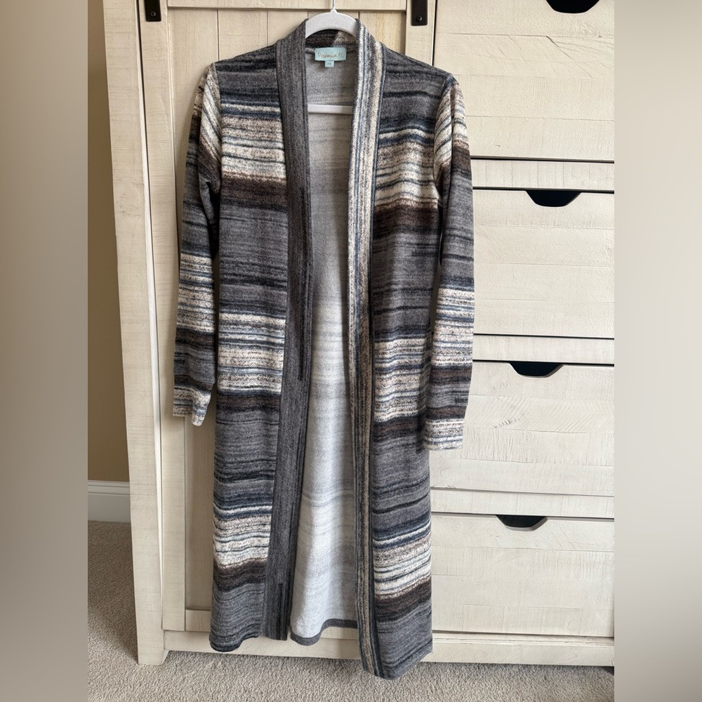Veronica M Striped Long Cardigan - Gray, Brown, Cream